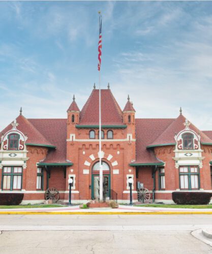 A building with a flagpole